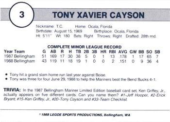 1988 Legoe Bellingham Mariners #3 Tony Cayson Back