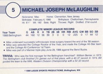 1988 Legoe Bellingham Mariners #5 Mike McLaughlin Back