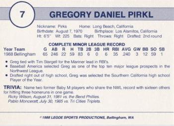 1988 Legoe Bellingham Mariners #7 Greg Pirkl Back