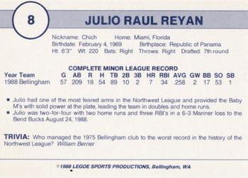 1988 Legoe Bellingham Mariners #8 Julio Reyan Back