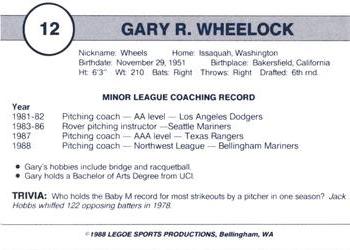 1988 Legoe Bellingham Mariners #12 Gary Wheelock Back