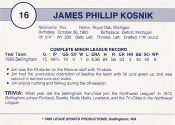 1988 Legoe Bellingham Mariners #16 Jim Kosnik Back