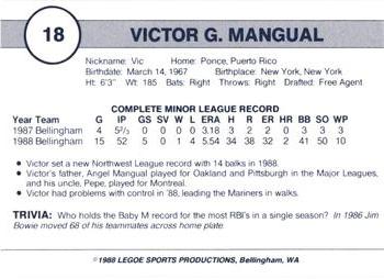 1988 Legoe Bellingham Mariners #18 Victor Mangual Back