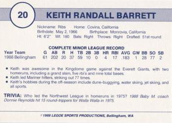 1988 Legoe Bellingham Mariners #20 Keith Barrett Back