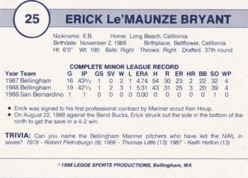 1988 Legoe Bellingham Mariners #25 Erick Bryant Back