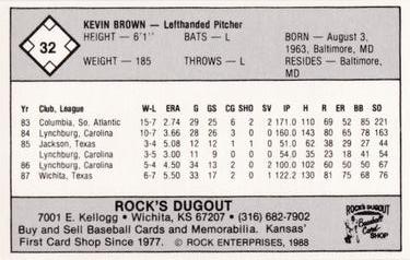 1988 Rock's Dugout Wichita Pilots #NNO Kevin Brown Back