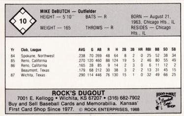 1988 Rock's Dugout Wichita Pilots #NNO Mike DeButch Back