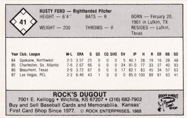 1988 Rock's Dugout Wichita Pilots #NNO Rusty Ford Back