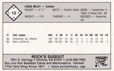 1988 Rock's Dugout Wichita Pilots #NNO Craig Wiley Back