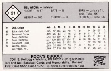 1988 Rock's Dugout Wichita Pilots #NNO Bill Wrona Back
