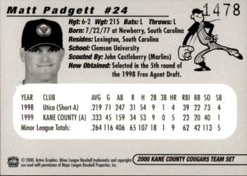 2000 Active Graphics Kane County Cougars #NNO Matt Padgett Back