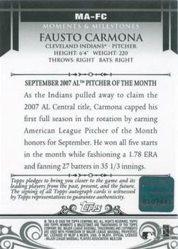 2008 Topps Moments & Milestones - Milestone Autographs #MA-FC Fausto Carmona Back