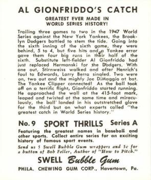 1948 Swell Sport Thrills Reprint #9 Greatest Catch: Al Gionfriddo WS Back