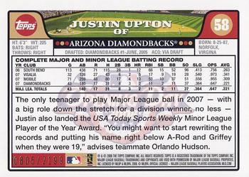 2008 Topps Opening Day - Gold #58 Justin Upton Back