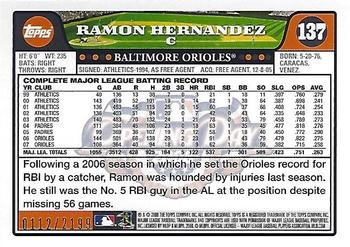 2008 Topps Opening Day - Gold #137 Ramon Hernandez Back