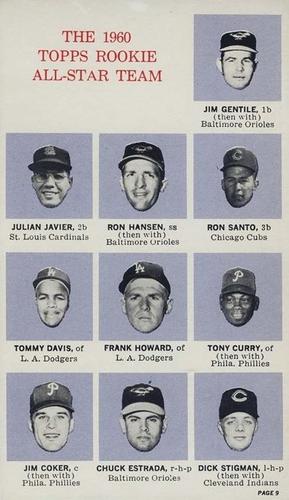 1964 Topps Rookie All Star Banquet #9 Jimmie Coker / Tony Curry / Tommy Davis / Chuck Estrada / Jim Gentile / Ron Hansen / Frank Howard / Julian Javier / Ron Santo / Dick Stigman Front