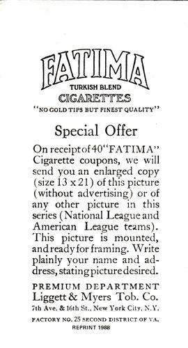 1988 1913 Fatima Teams (T200) Oversized Reprints #NNO Boston Red Sox Back