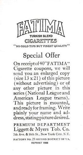 1988 1913 Fatima Teams (T200) Oversized Reprints #NNO Detroit Tigers Back