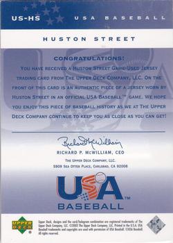 2002 Upper Deck USA Baseball National Team - USA Baseball Jerseys #US-HS Huston Street Back