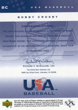 2002 Upper Deck USA Baseball National Team - USA Baseball Signatures #BC Bobby Crosby Back