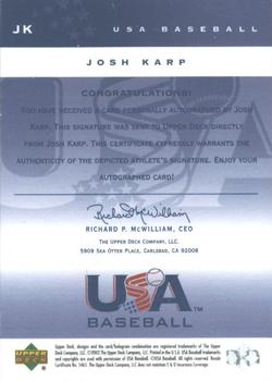 2002 Upper Deck USA Baseball National Team - USA Baseball Signatures #JK Josh Karp Back