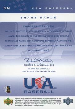 2002 Upper Deck USA Baseball National Team - USA Baseball Signatures #SN Shane Nance Back
