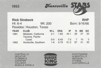 1993 Burger King Huntsville Stars #NNO Rick Strebeck Back