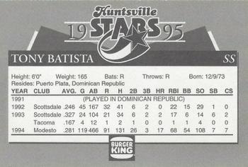 1995 Burger King Huntsville Stars #NNO Tony Batista Back