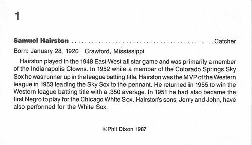 1987 Dixon's Negro Baseball Greats #1 Samuel Hairston Back