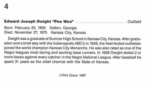 1987 Dixon's Negro Baseball Greats #4 Edward Joseph Dwight Back