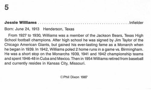1987 Dixon's Negro Baseball Greats #5 Jesse Williams Back