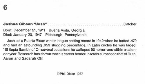 1987 Dixon's Negro Baseball Greats #6 Josh Gibson Back