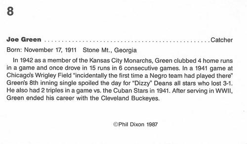 1987 Dixon's Negro Baseball Greats #8 Joe Greene Back