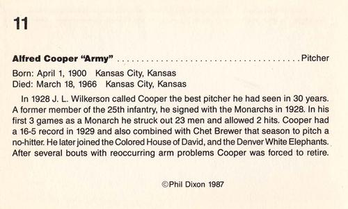 1987 Dixon's Negro Baseball Greats #11 Alfred Cooper Back