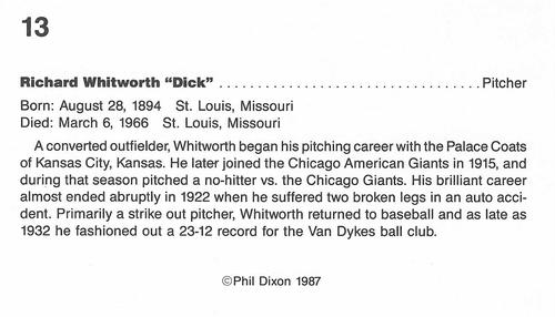 1987 Dixon's Negro Baseball Greats #13 Richard Whitworth Back
