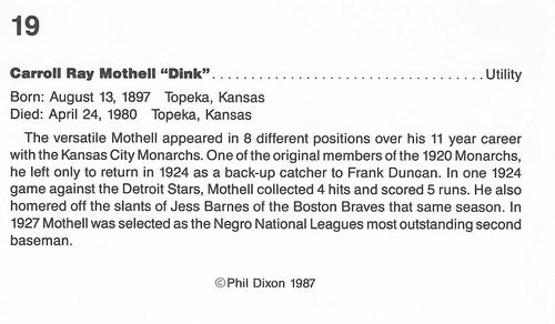 1987 Dixon's Negro Baseball Greats #19 Carroll Ray Mothell Back