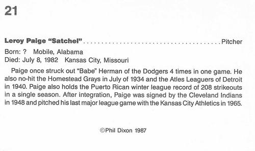 1987 Dixon's Negro Baseball Greats #21 Leroy Paige Back