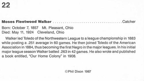 1987 Dixon's Negro Baseball Greats #22 Moses Fleetwood Walker Back