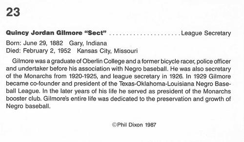 1987 Dixon's Negro Baseball Greats #23 Quincy Jordan Gilmore Back