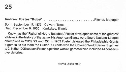 1987 Dixon's Negro Baseball Greats #25 Rube Foster Back