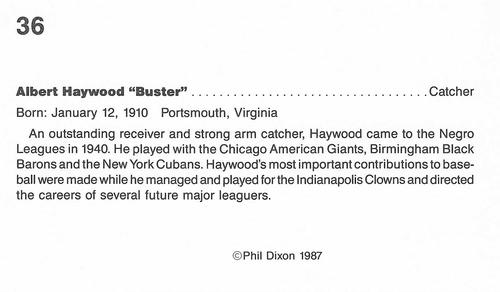 1987 Dixon's Negro Baseball Greats #36 Albert Haywood Back