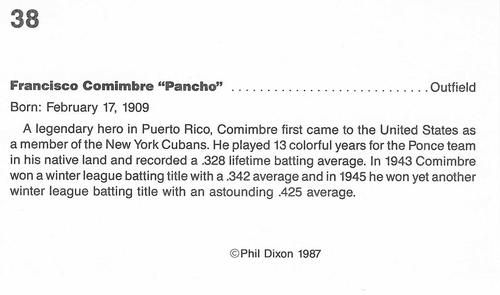 1987 Dixon's Negro Baseball Greats #38 Francisco Coimbre Back