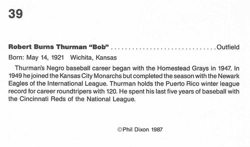 1987 Dixon's Negro Baseball Greats #39 Bob Thurman Back