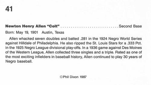 1987 Dixon's Negro Baseball Greats #41 Newt Allen Back