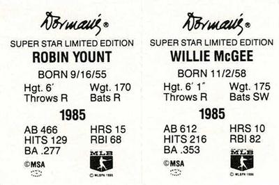 1986 Dorman's Super Stars - Panels #NNO Willie McGee / Robin Yount Back
