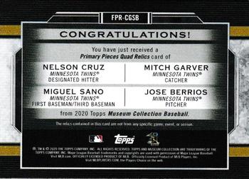 2020 Topps Museum Collection - Four-Player Primary Pieces Quad Relics Gold #FPR-CGSB Miguel Sano / Nelson Cruz / Jose Berrios / Mitch Garver Back