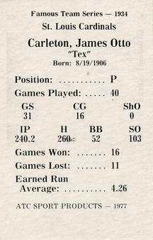 1977 ATC Sports Products Famous Team Series #NNO Tex Carleton Back