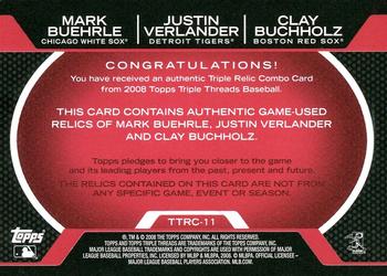 2008 Topps Triple Threads - Relics Combos #TTRC-11 Mark Buehrle / Justin Verlander / Clay Buchholz Back