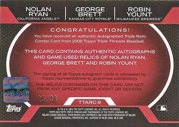 2008 Topps Triple Threads - Relics Combos Autographs #TTARC-9 Nolan Ryan / George Brett / Robin Yount Back