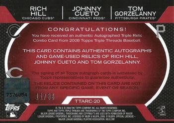 2008 Topps Triple Threads - Relics Combos Autographs #TTARC-20 Rich Hill / Johnny Cueto / Tom Gorzelanny Back